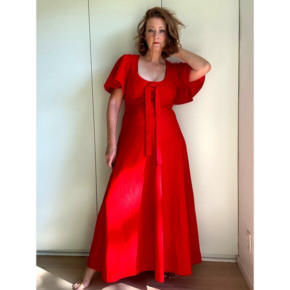 Vintage Red 70s Maxi Dress Size Medium Flutter Sleeves Special Occasion Handmade - Picture 1 of 9